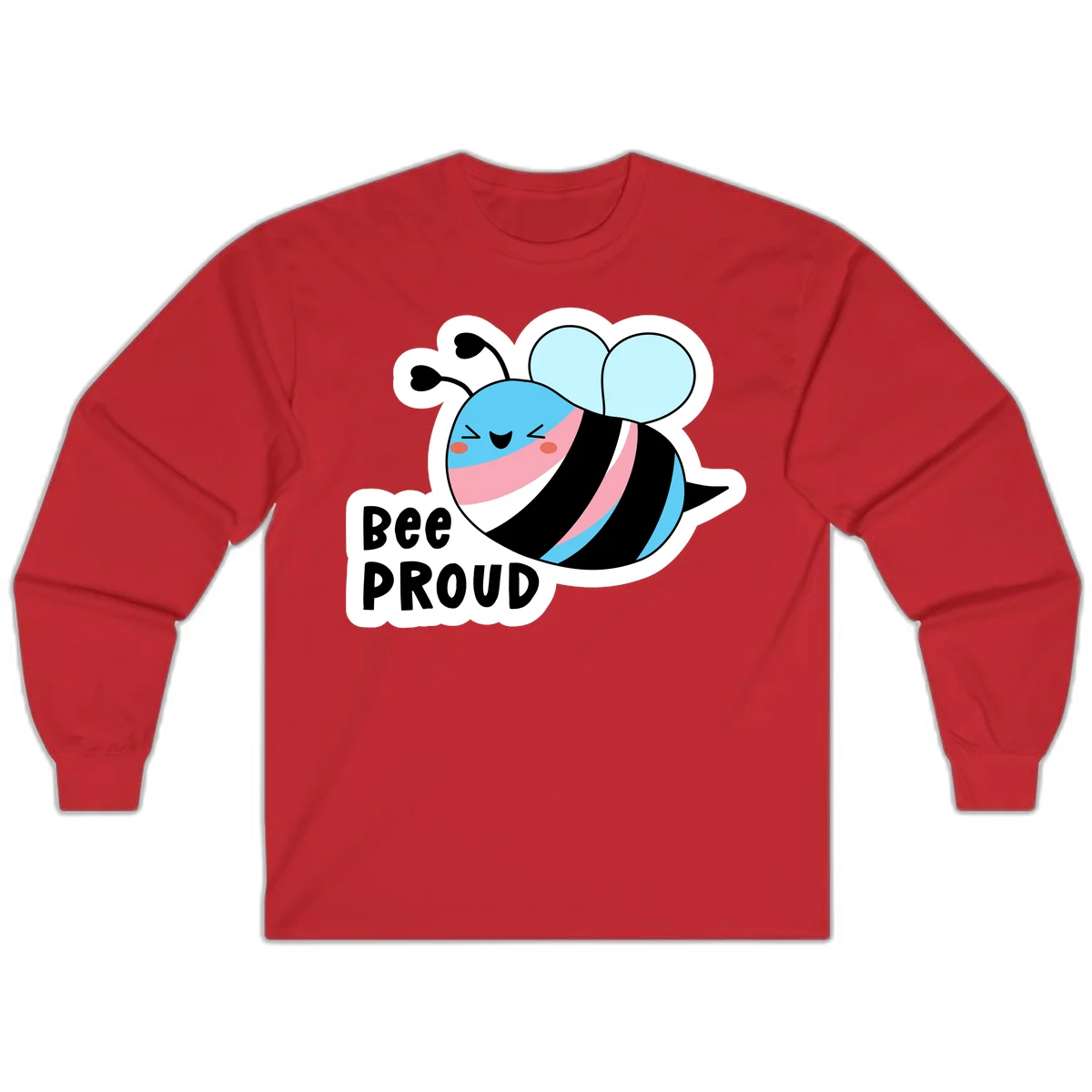 Smiling cartoon bee with blue head, pink mouth, striped body, and light blue wings next to 'Bee Proud' text in Red