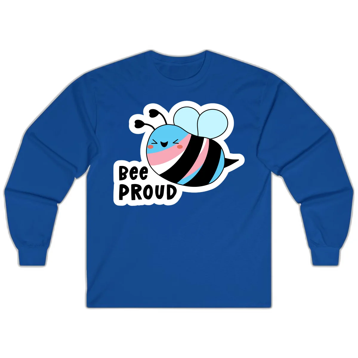 Smiling cartoon bee with blue head, pink mouth, striped body, and light blue wings next to 'Bee Proud' text in Royal