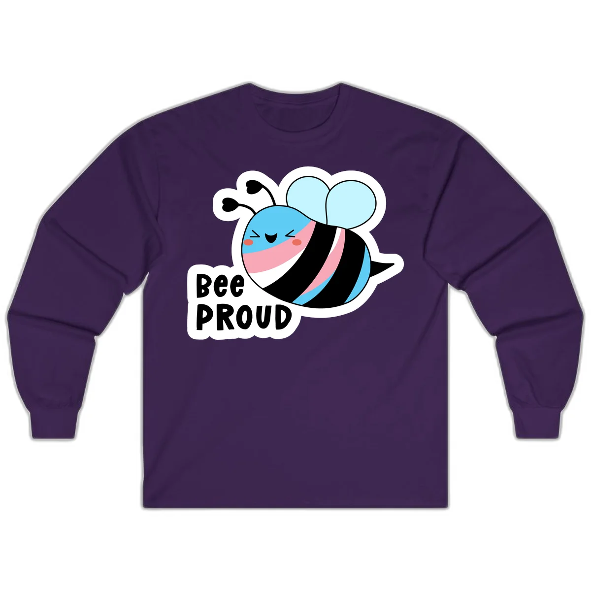 Smiling cartoon bee with blue head, pink mouth, striped body, and light blue wings next to 'Bee Proud' text in Purple