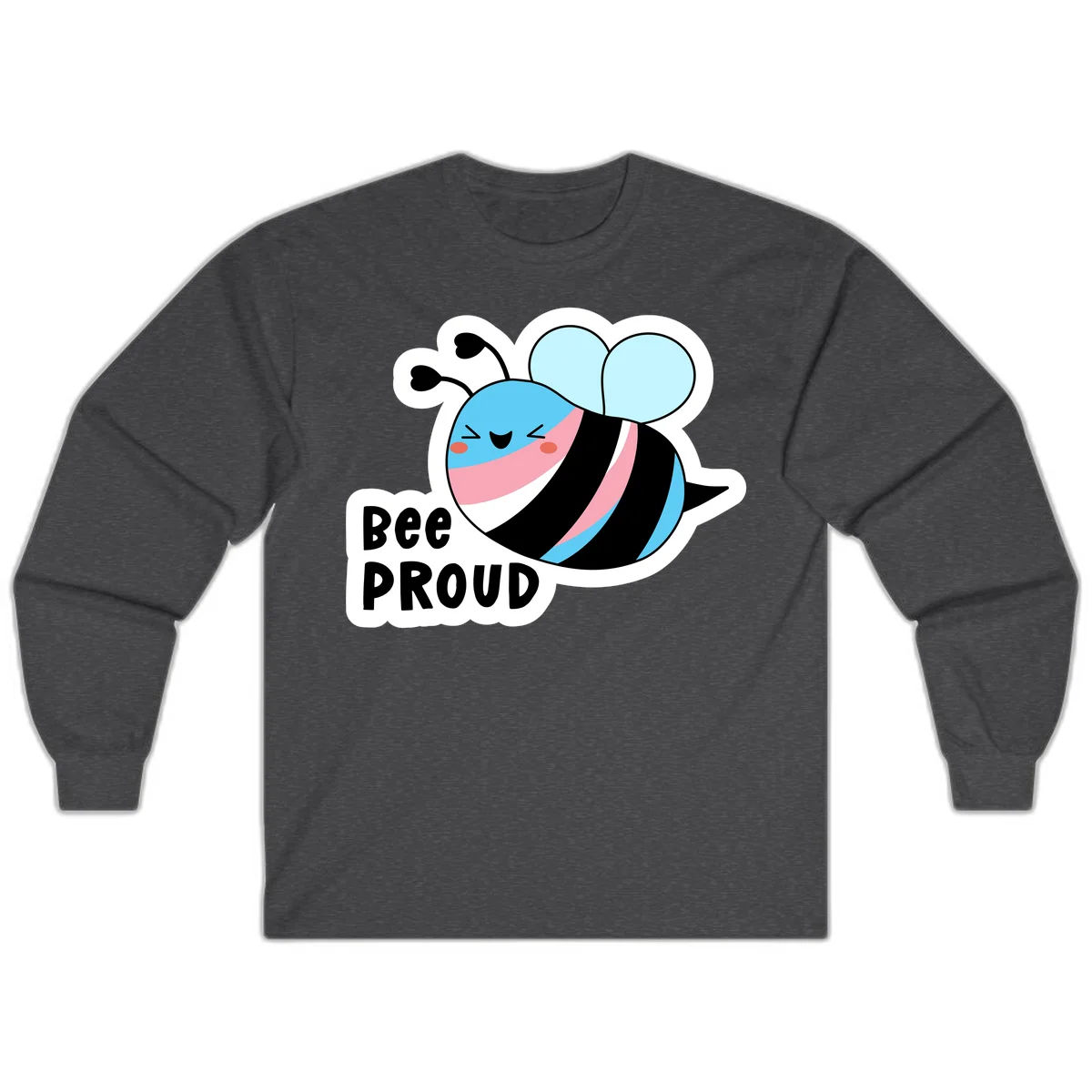 Smiling cartoon bee with blue head, pink mouth, striped body, and light blue wings next to 'Bee Proud' text in Dark Heather