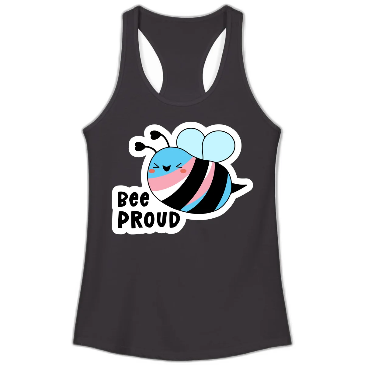 Smiling cartoon bee with blue head, pink mouth, striped body, and light blue wings next to 'Bee Proud' text in Black