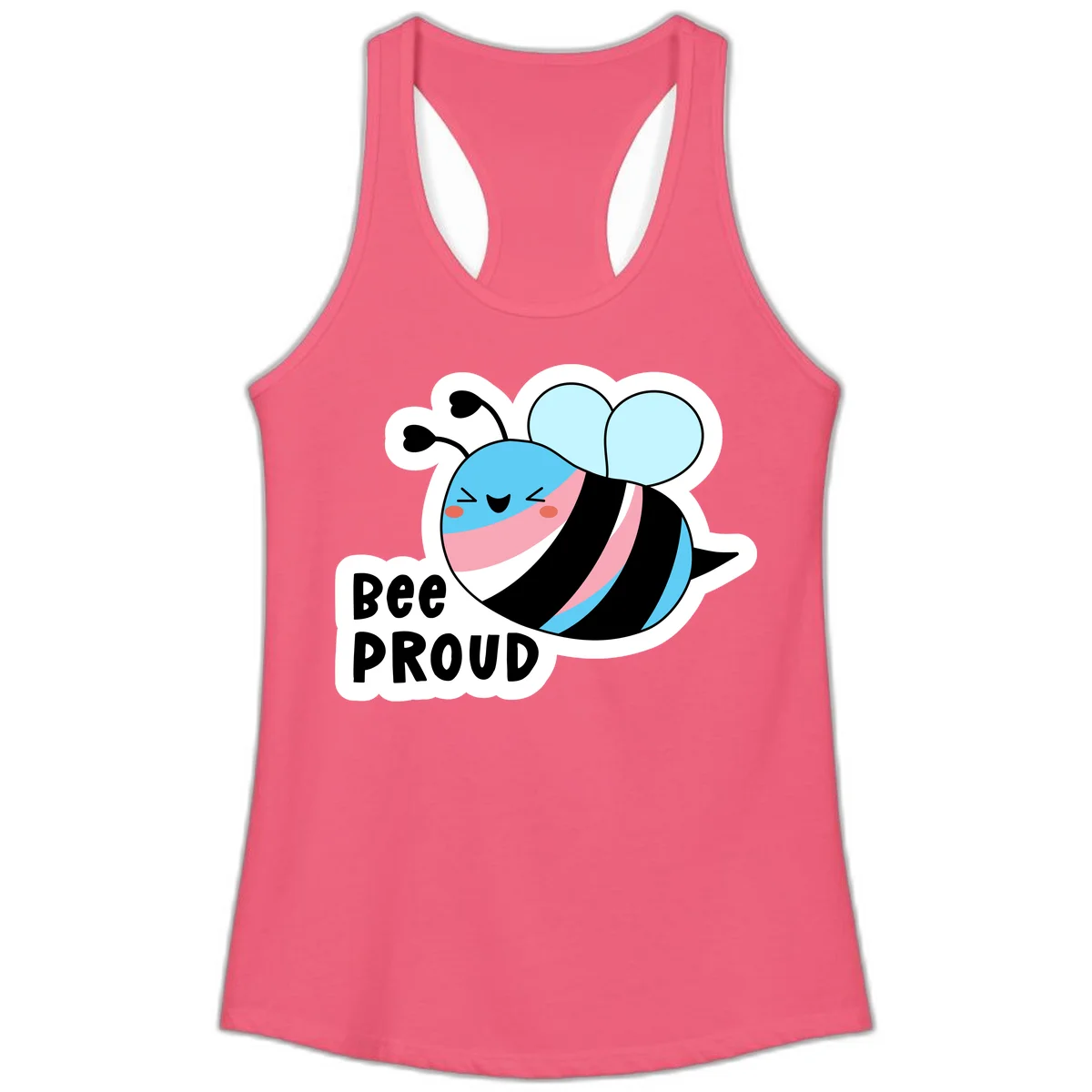 Smiling cartoon bee with blue head, pink mouth, striped body, and light blue wings next to 'Bee Proud' text in Hot Pink