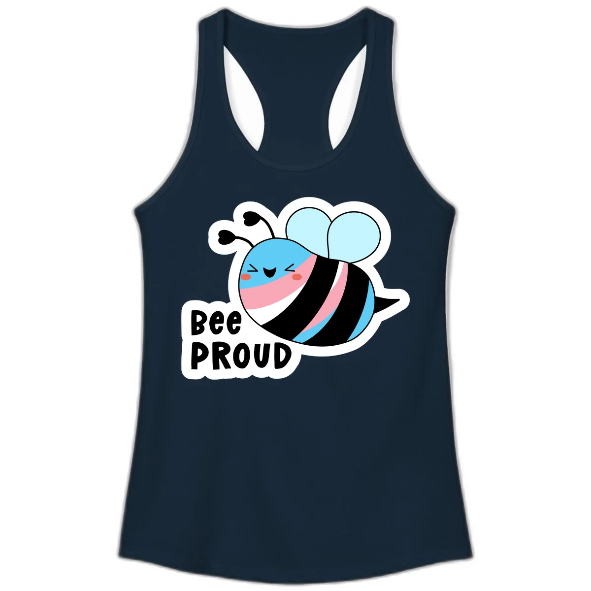 Smiling cartoon bee with blue head, pink mouth, striped body, and light blue wings next to 'Bee Proud' text in Solid Midnight Navy
