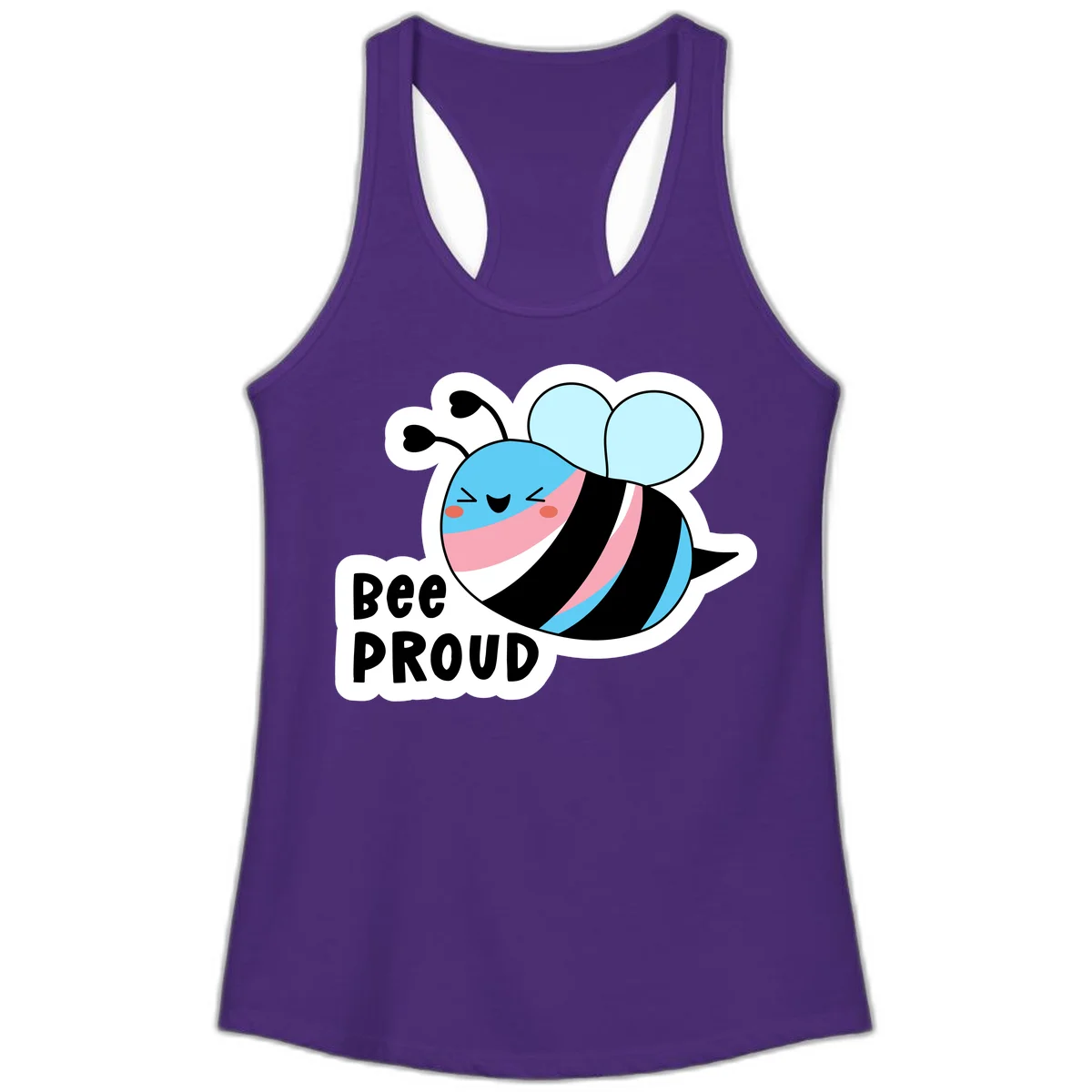 Smiling cartoon bee with blue head, pink mouth, striped body, and light blue wings next to 'Bee Proud' text in Solid Purple Rush