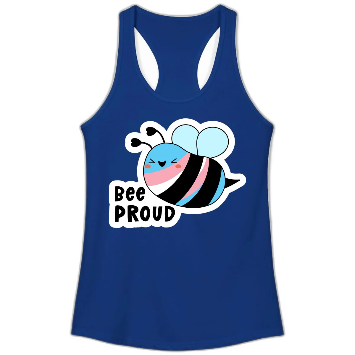 Smiling cartoon bee with blue head, pink mouth, striped body, and light blue wings next to 'Bee Proud' text in Solid Royal