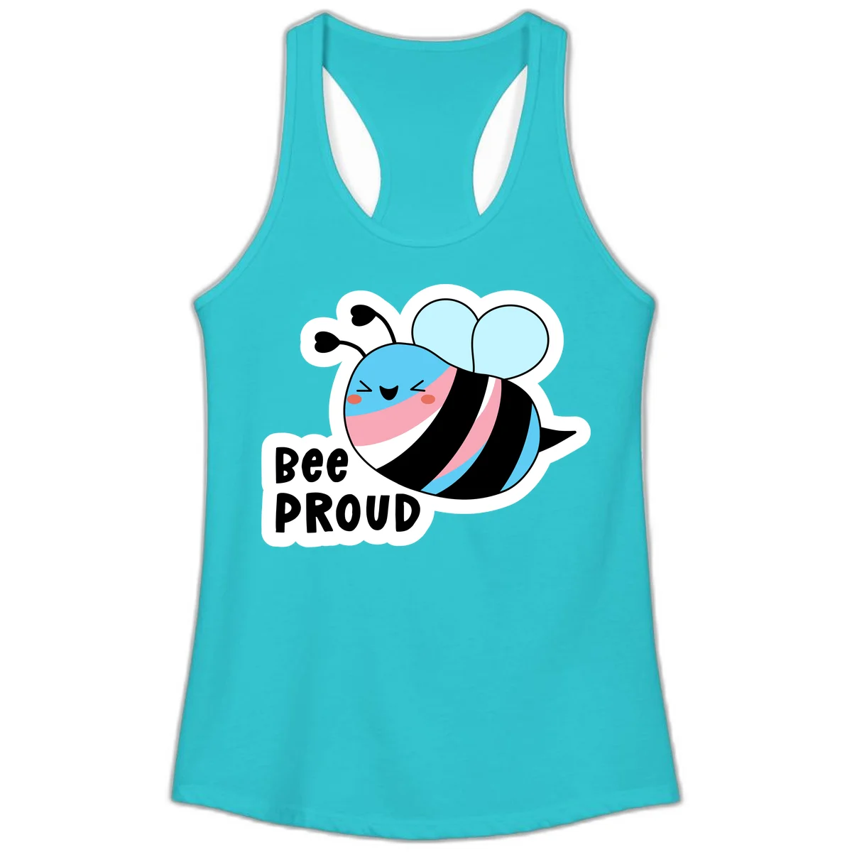 Smiling cartoon bee with blue head, pink mouth, striped body, and light blue wings next to 'Bee Proud' text in Solid Tahiti Blue