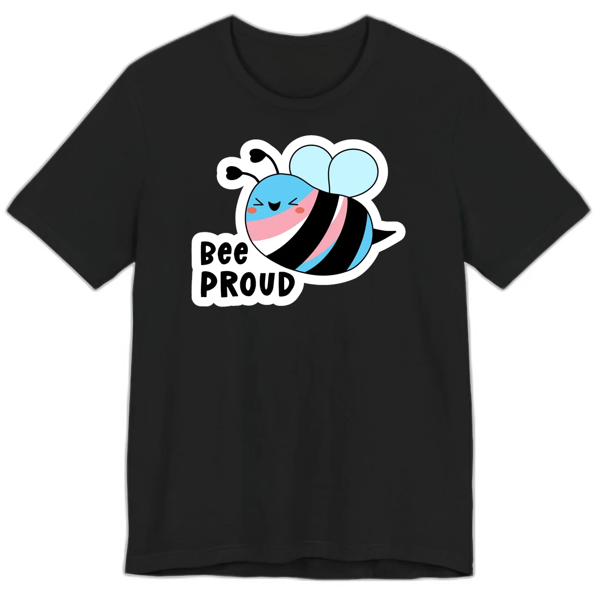 Smiling cartoon bee with blue head, pink mouth, striped body, and light blue wings next to 'Bee Proud' text in Black