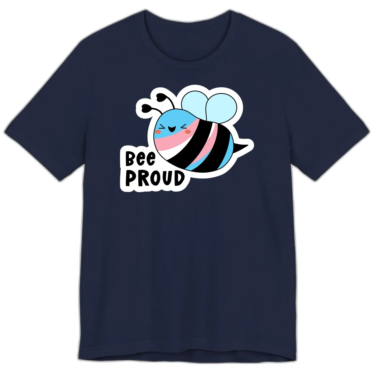 Smiling cartoon bee with blue head, pink mouth, striped body, and light blue wings next to 'Bee Proud' text in Navy