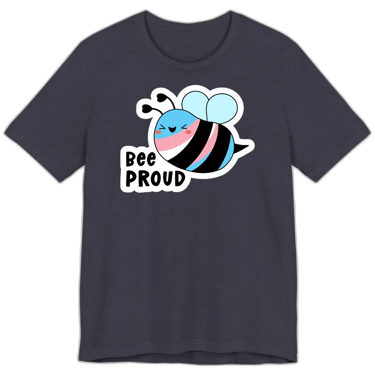 Smiling cartoon bee with blue head, pink mouth, striped body, and light blue wings next to 'Bee Proud' text in Heather Midnight Navy
