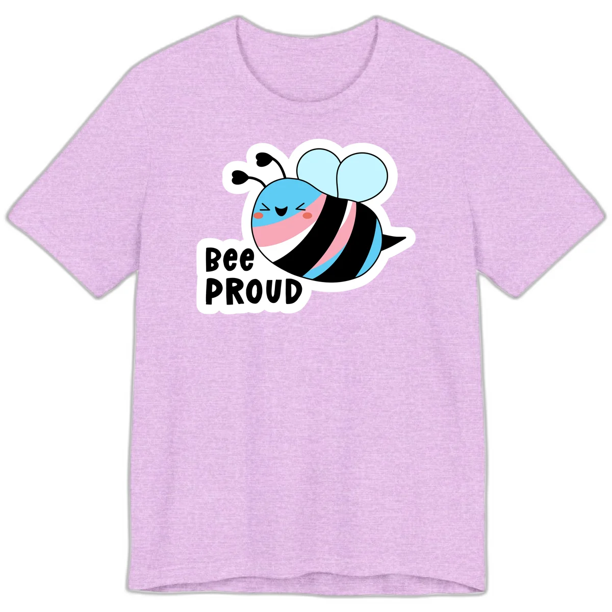 Smiling cartoon bee with blue head, pink mouth, striped body, and light blue wings next to 'Bee Proud' text in Heather Prism Lilac