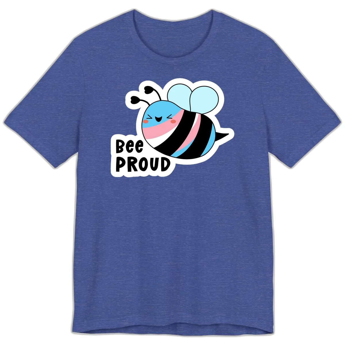 Smiling cartoon bee with blue head, pink mouth, striped body, and light blue wings next to 'Bee Proud' text in Heather True Royal