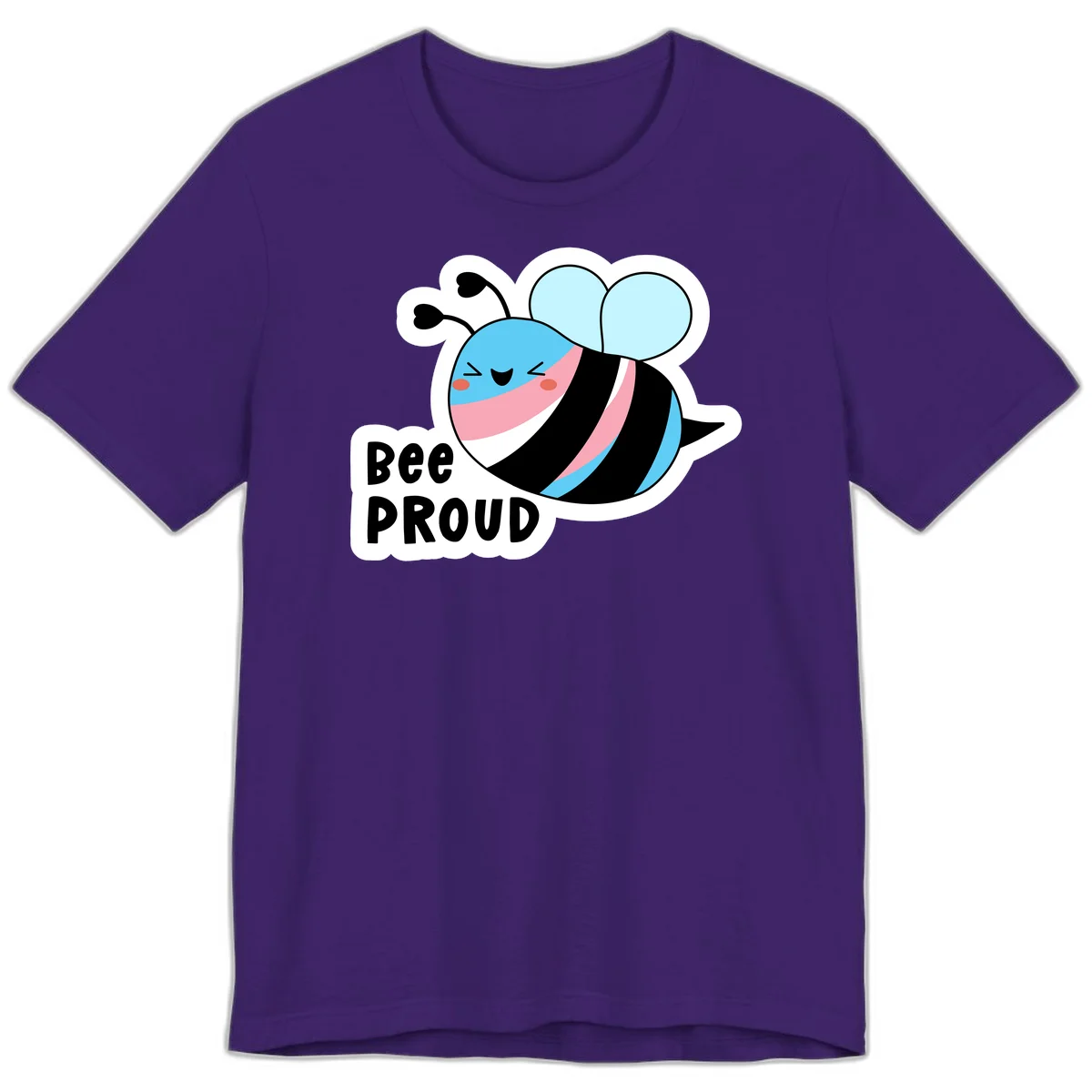 Smiling cartoon bee with blue head, pink mouth, striped body, and light blue wings next to 'Bee Proud' text in Team Purple