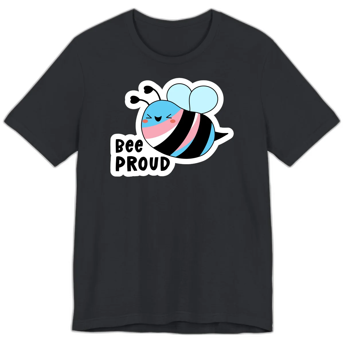 Smiling cartoon bee with blue head, pink mouth, striped body, and light blue wings next to 'Bee Proud' text in Vintage Black