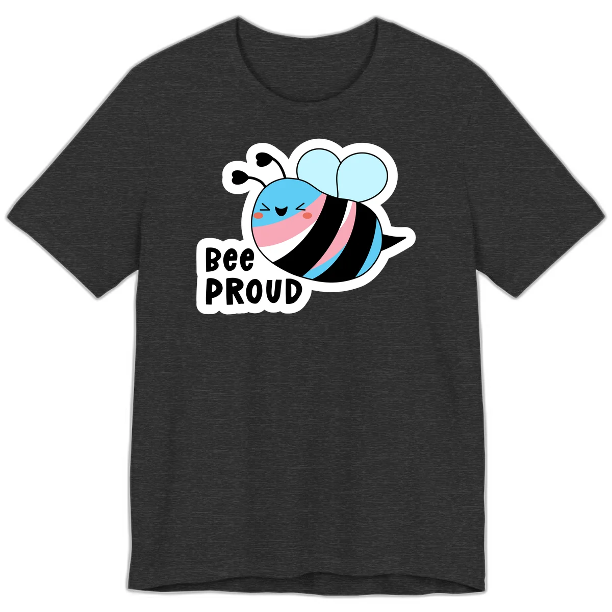 Smiling cartoon bee with blue head, pink mouth, striped body, and light blue wings next to 'Bee Proud' text in Dark Grey Heather