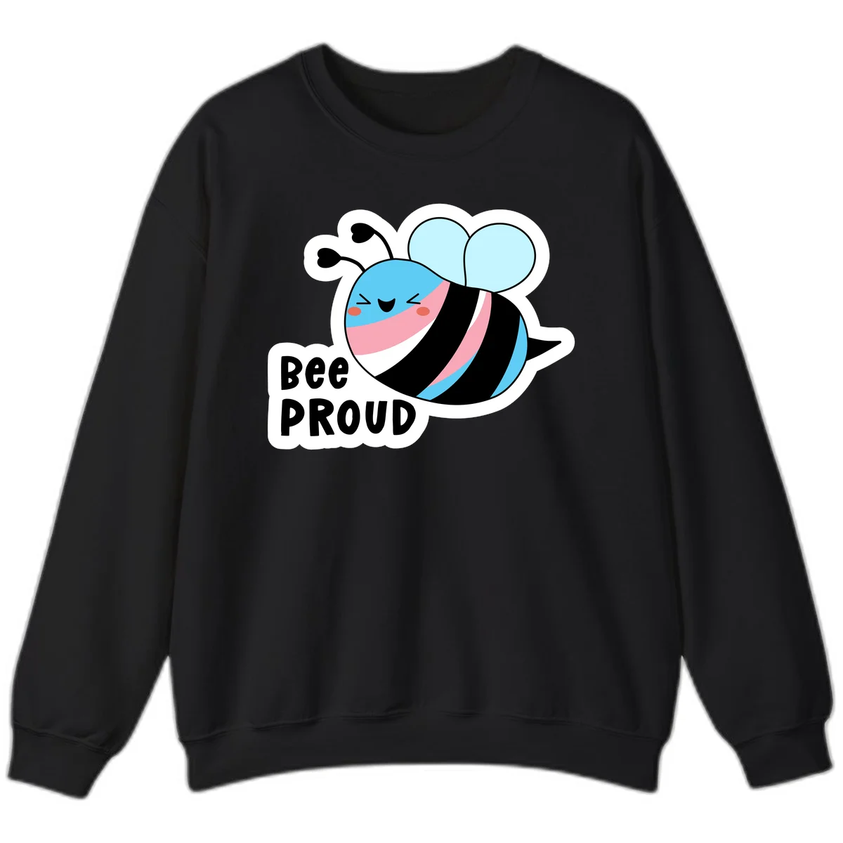 Smiling cartoon bee with blue head, pink mouth, striped body, and light blue wings next to 'Bee Proud' text in Black
