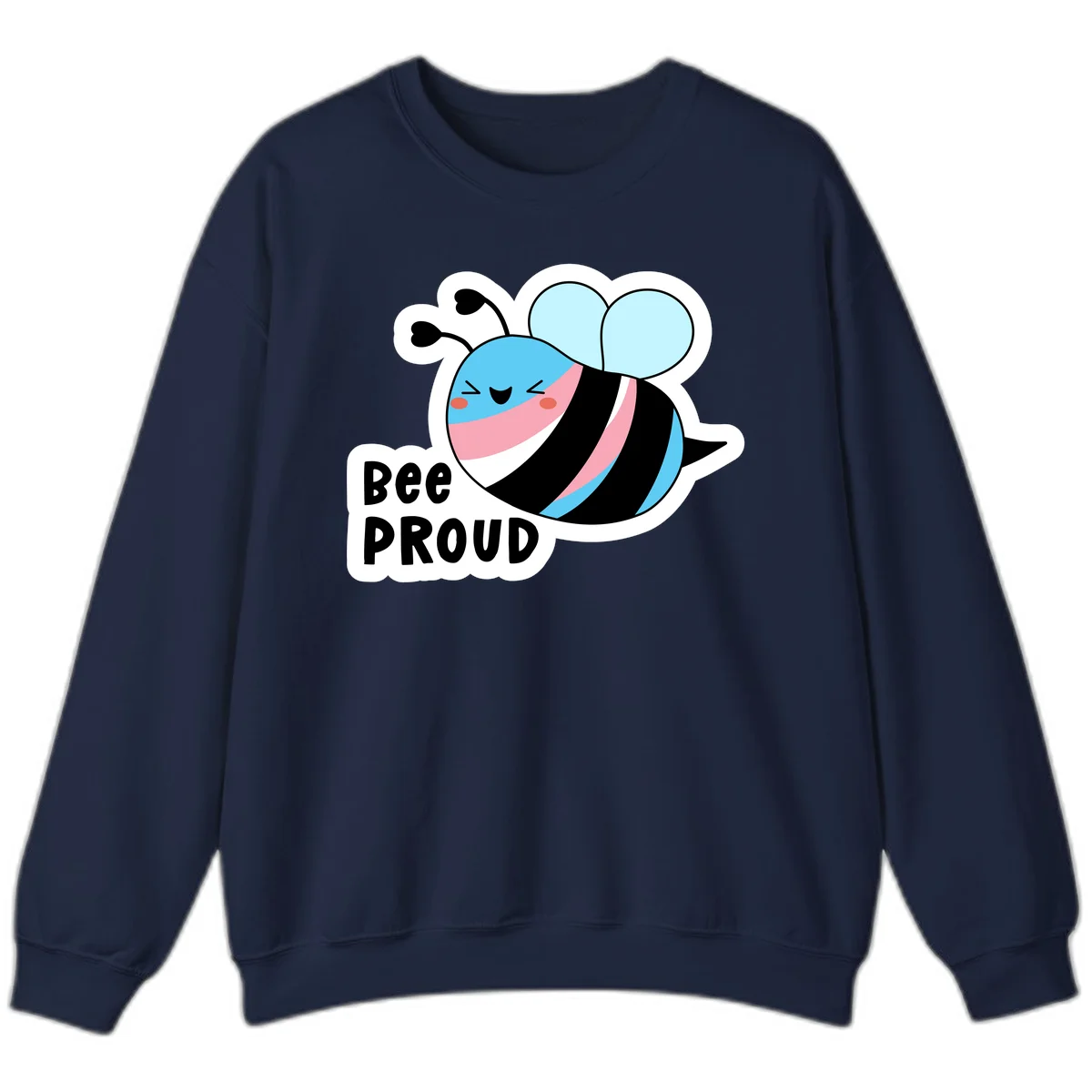 Smiling cartoon bee with blue head, pink mouth, striped body, and light blue wings next to 'Bee Proud' text in Navy