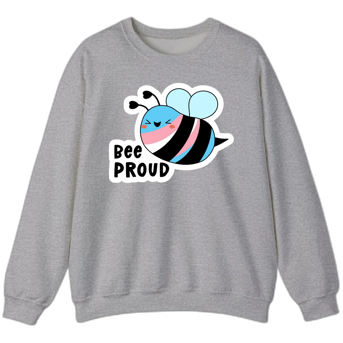 Smiling cartoon bee with blue head, pink mouth, striped body, and light blue wings next to 'Bee Proud' text in Sport Grey
