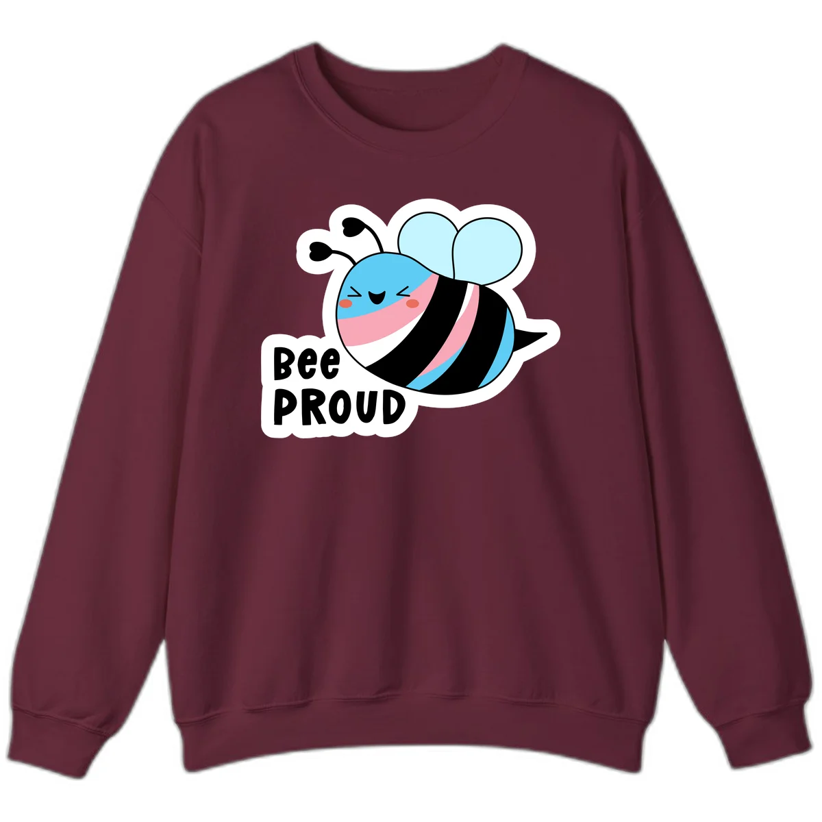 Smiling cartoon bee with blue head, pink mouth, striped body, and light blue wings next to 'Bee Proud' text in Maroon