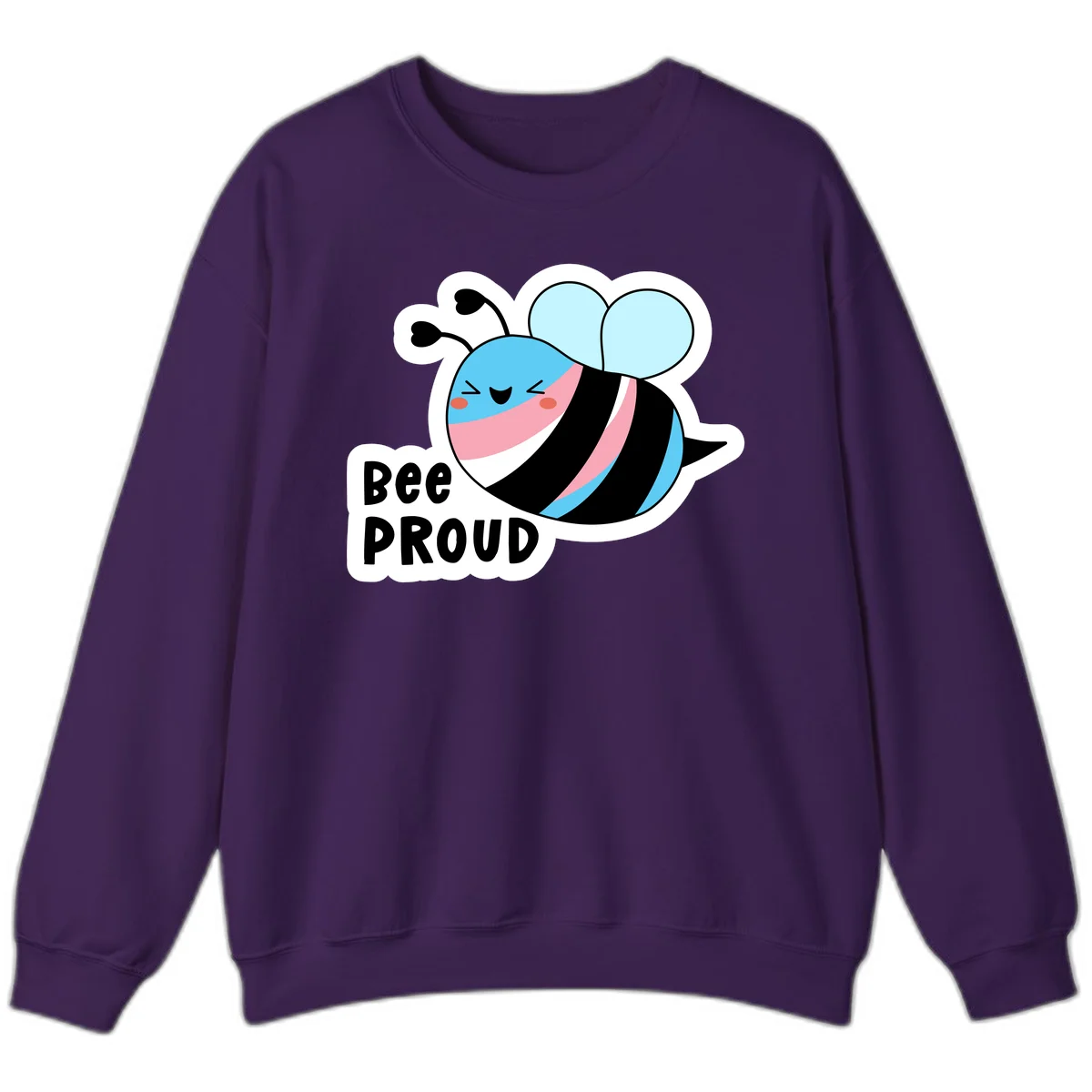 Smiling cartoon bee with blue head, pink mouth, striped body, and light blue wings next to 'Bee Proud' text in Purple