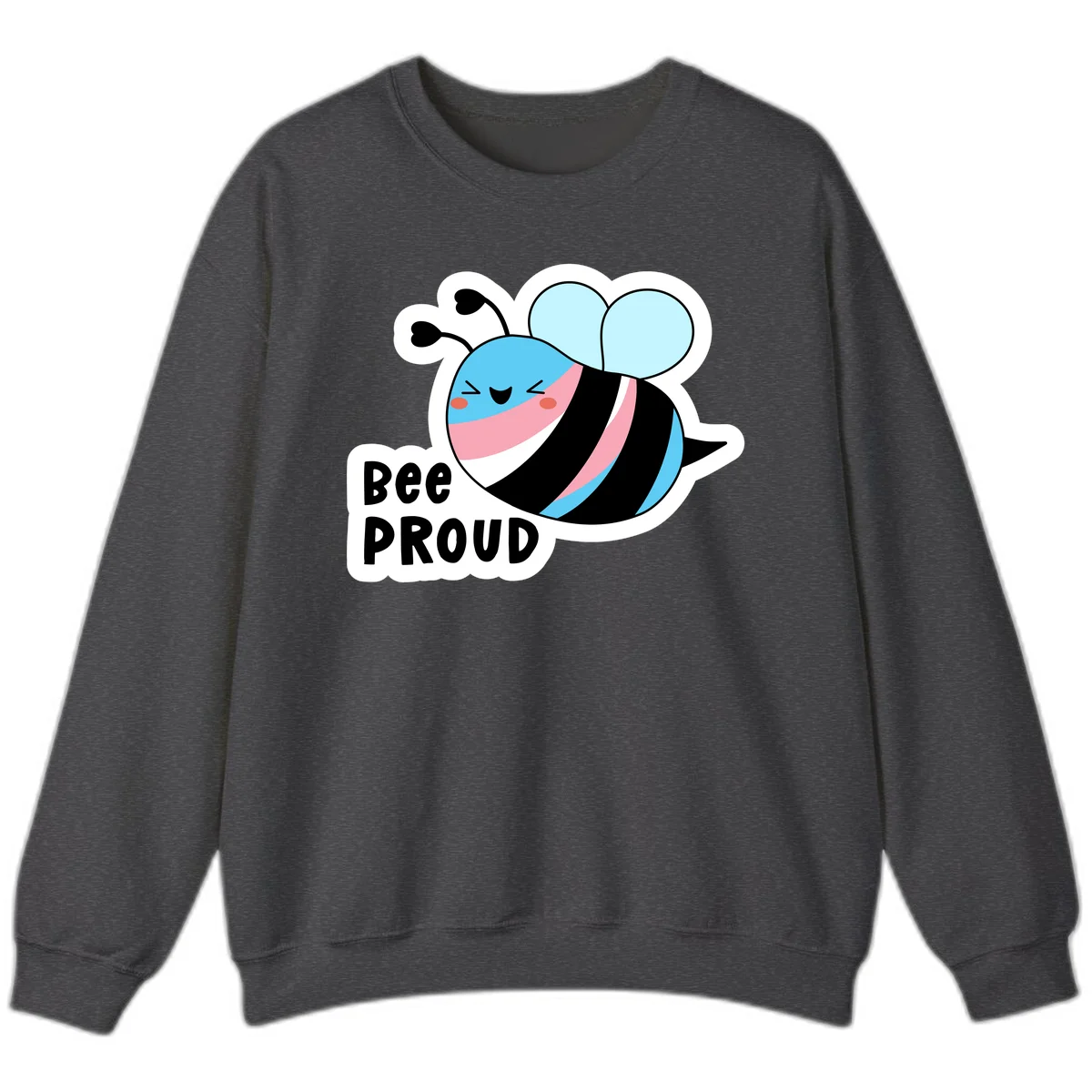 Smiling cartoon bee with blue head, pink mouth, striped body, and light blue wings next to 'Bee Proud' text in Dark Heather