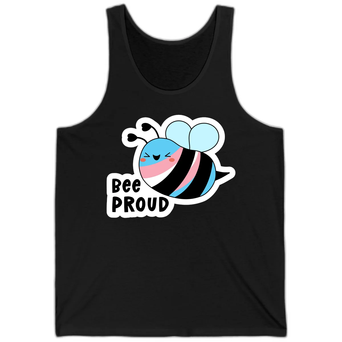 Smiling cartoon bee with blue head, pink mouth, striped body, and light blue wings next to 'Bee Proud' text in Black
