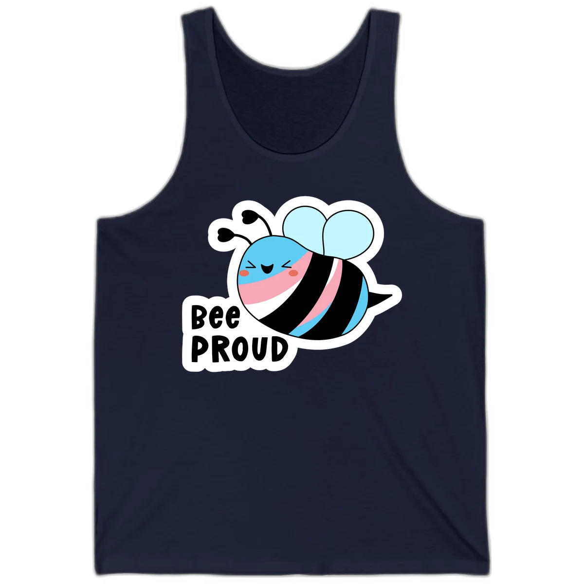 Smiling cartoon bee with blue head, pink mouth, striped body, and light blue wings next to 'Bee Proud' text in Navy