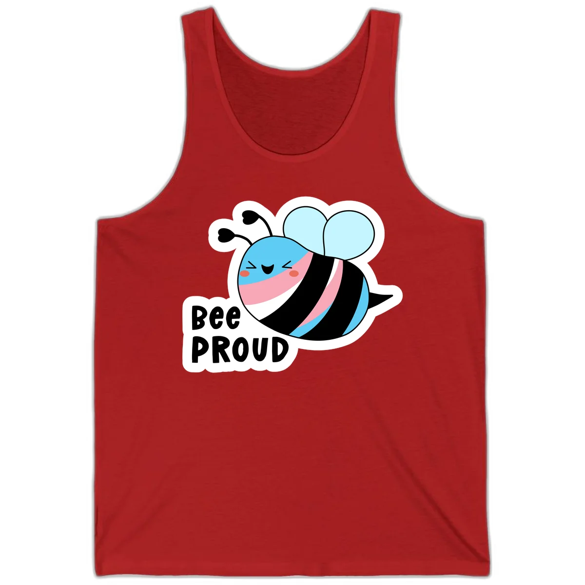 Smiling cartoon bee with blue head, pink mouth, striped body, and light blue wings next to 'Bee Proud' text in Red