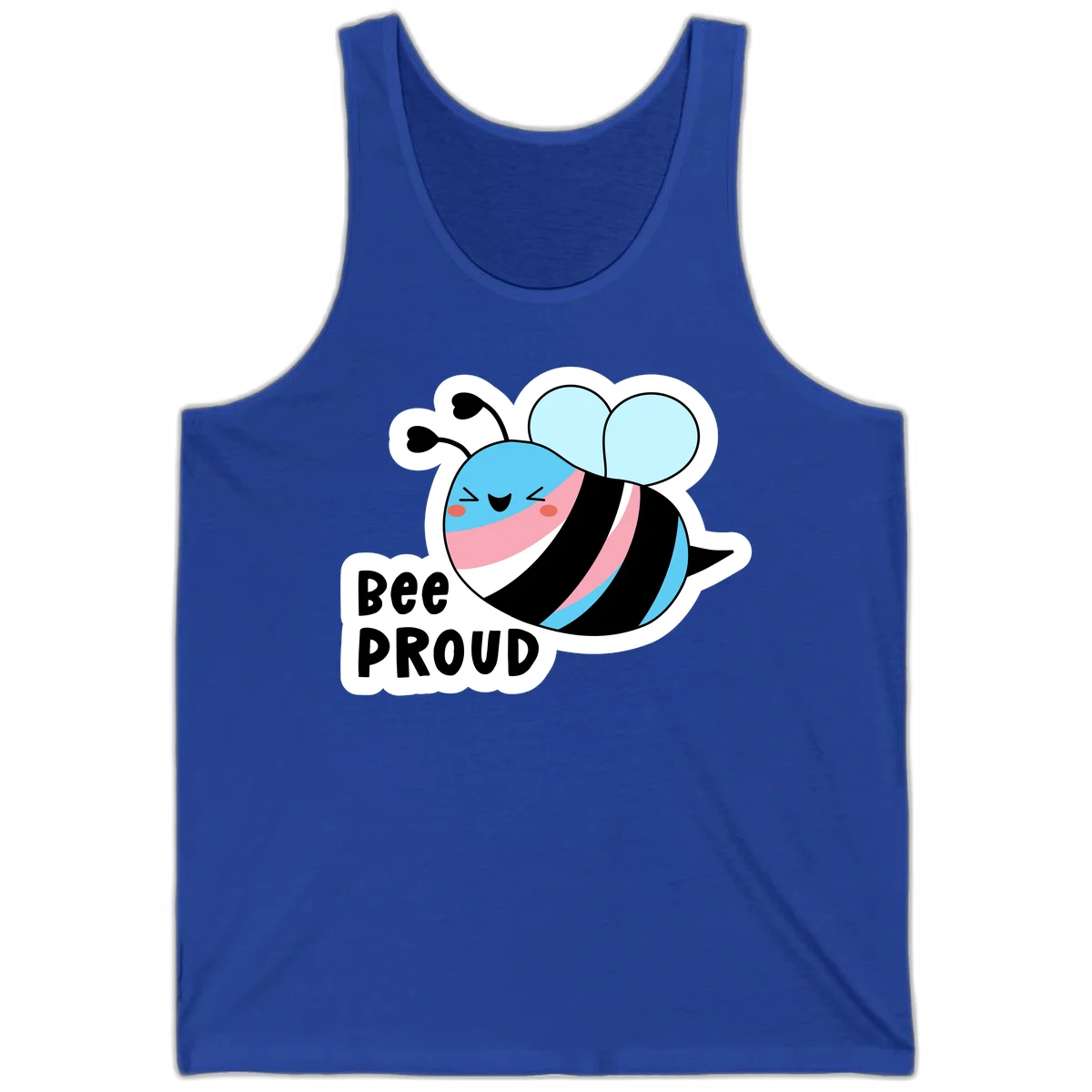 Smiling cartoon bee with blue head, pink mouth, striped body, and light blue wings next to 'Bee Proud' text in True Royal