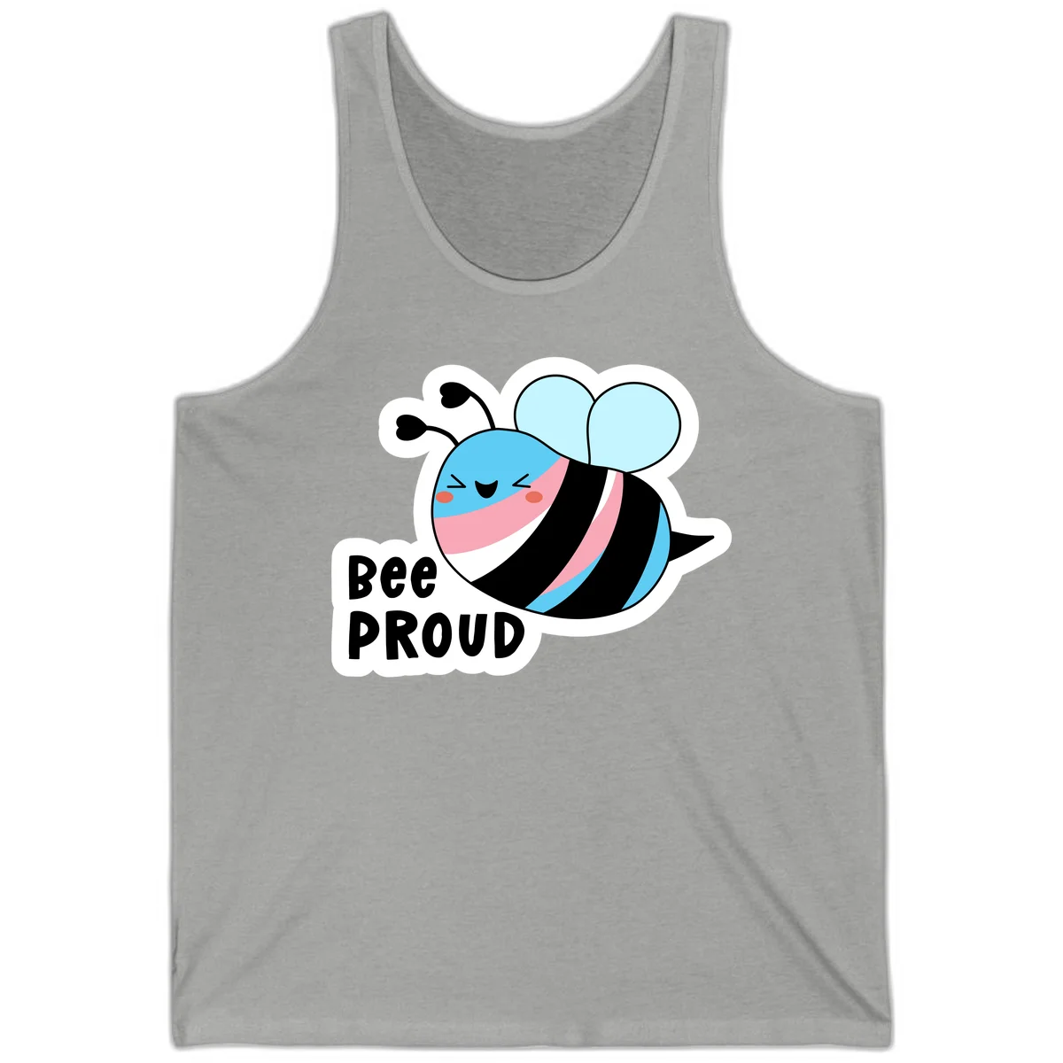 Smiling cartoon bee with blue head, pink mouth, striped body, and light blue wings next to 'Bee Proud' text in Athletic Heather
