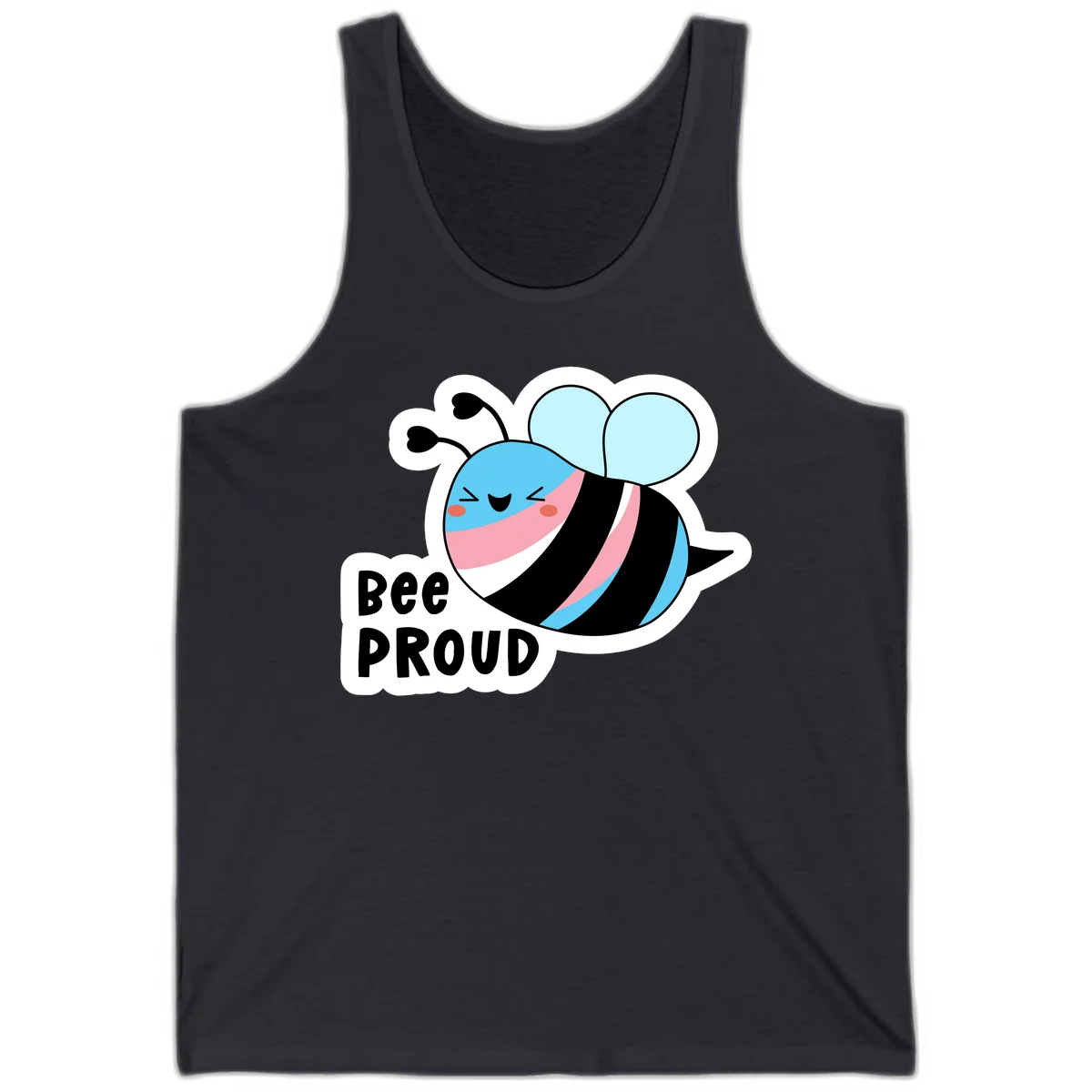 Smiling cartoon bee with blue head, pink mouth, striped body, and light blue wings next to 'Bee Proud' text in Dark Grey