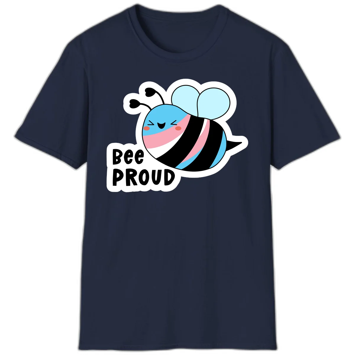Smiling cartoon bee with blue head, pink mouth, striped body, and light blue wings next to 'Bee Proud' text in Navy