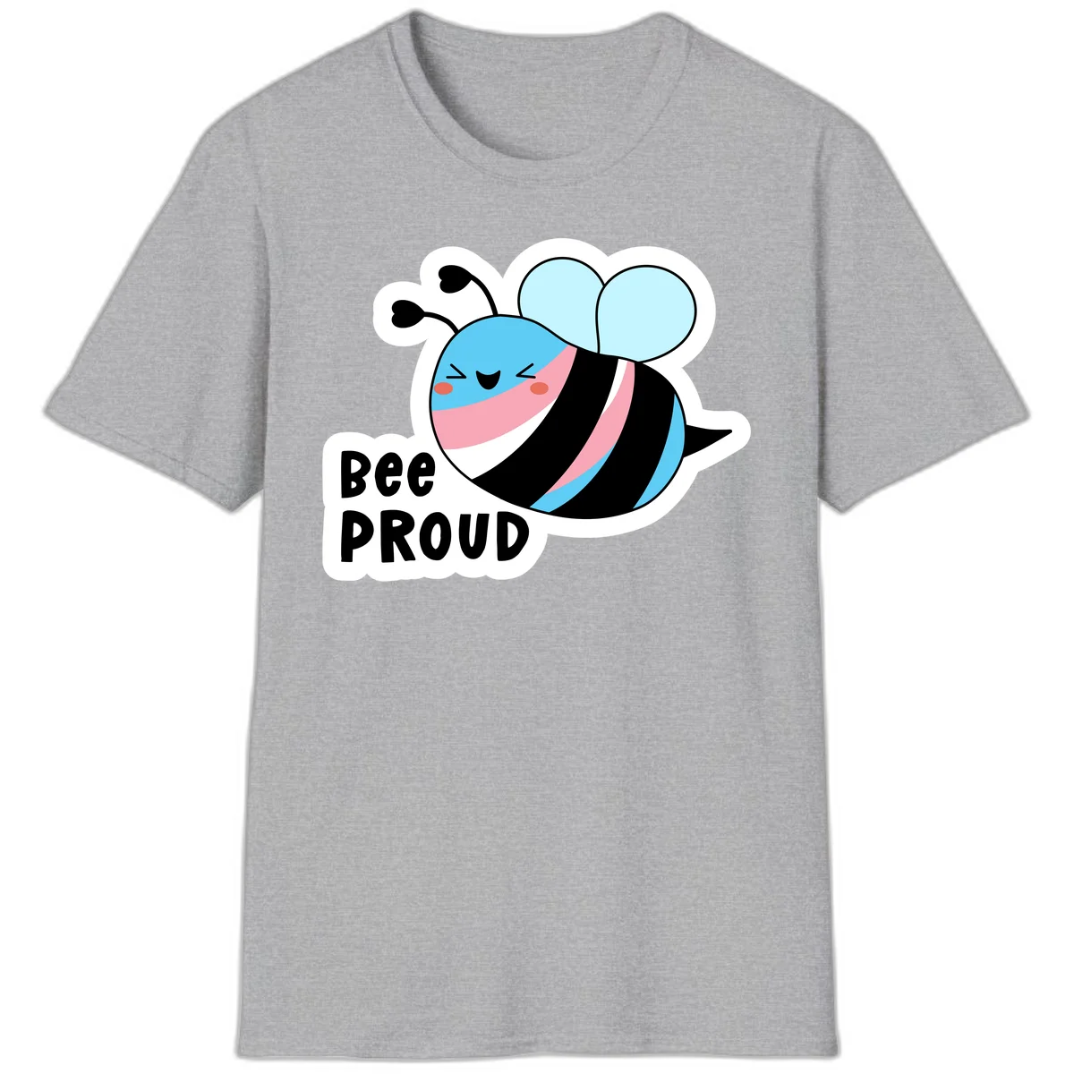 Smiling cartoon bee with blue head, pink mouth, striped body, and light blue wings next to 'Bee Proud' text in Sport Grey