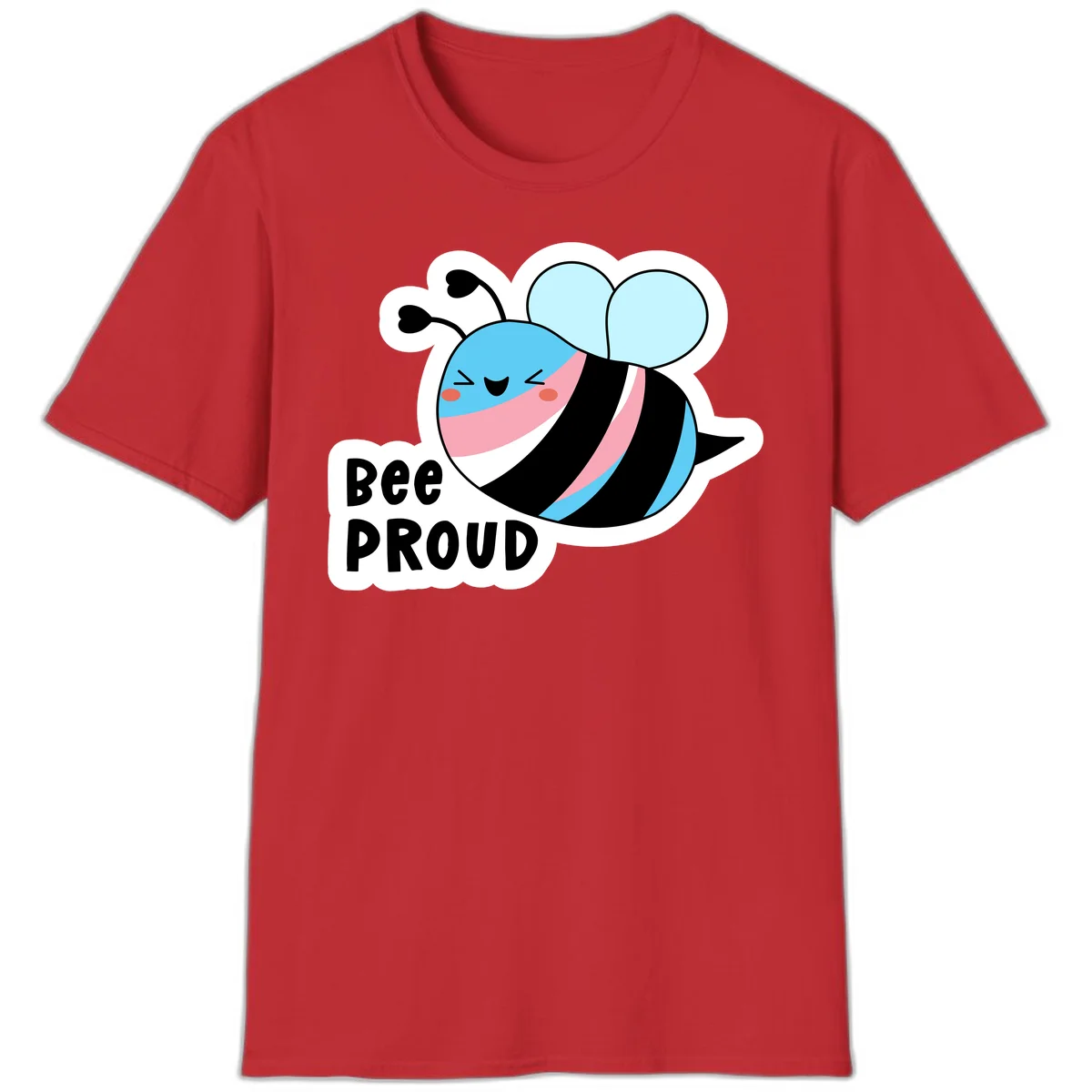 Smiling cartoon bee with blue head, pink mouth, striped body, and light blue wings next to 'Bee Proud' text in Red
