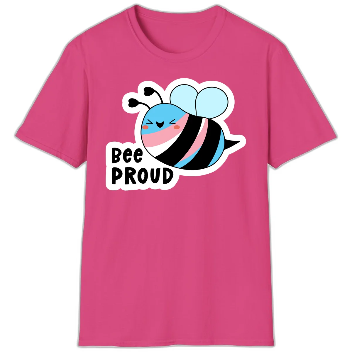 Smiling cartoon bee with blue head, pink mouth, striped body, and light blue wings next to 'Bee Proud' text in Heliconia