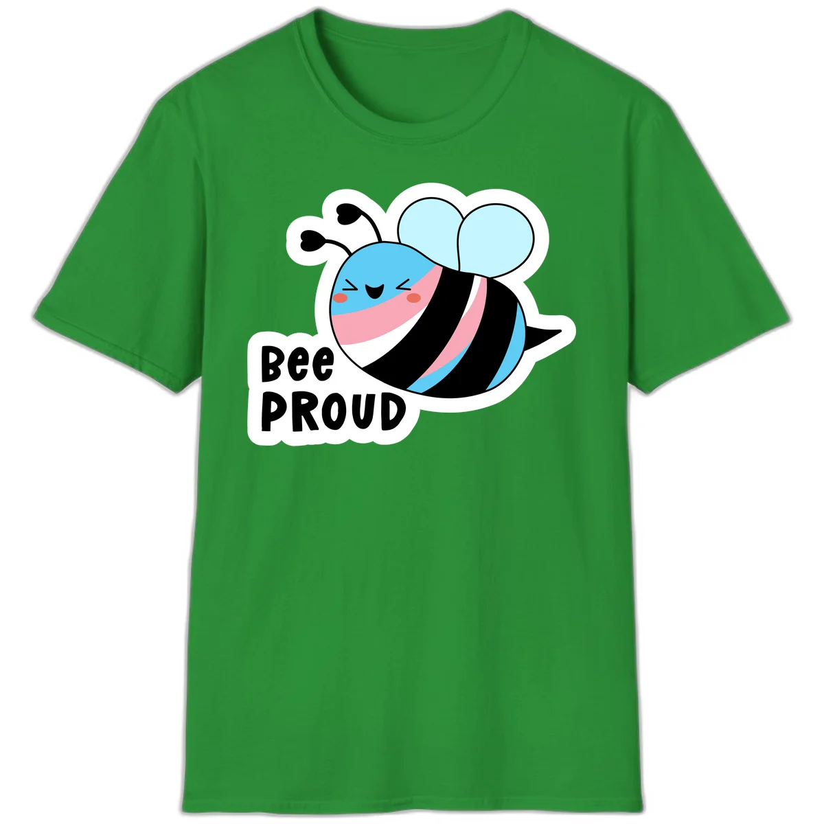 Smiling cartoon bee with blue head, pink mouth, striped body, and light blue wings next to 'Bee Proud' text in Irish Green