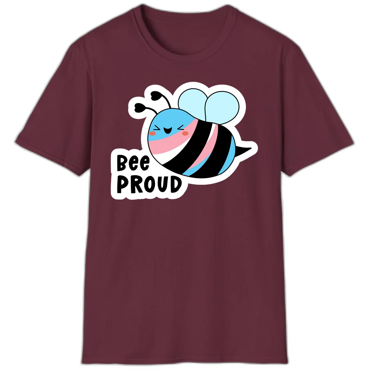 Smiling cartoon bee with blue head, pink mouth, striped body, and light blue wings next to 'Bee Proud' text in Maroon