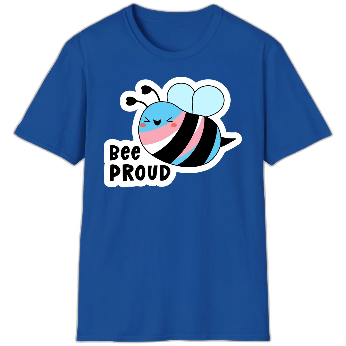Smiling cartoon bee with blue head, pink mouth, striped body, and light blue wings next to 'Bee Proud' text in Royal