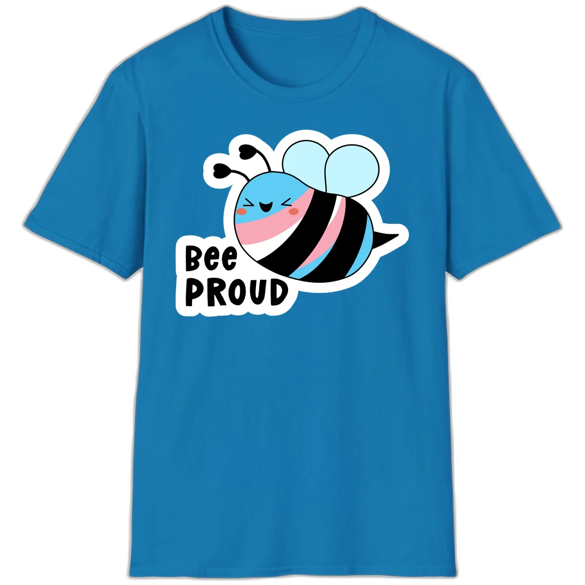 Smiling cartoon bee with blue head, pink mouth, striped body, and light blue wings next to 'Bee Proud' text in Sapphire