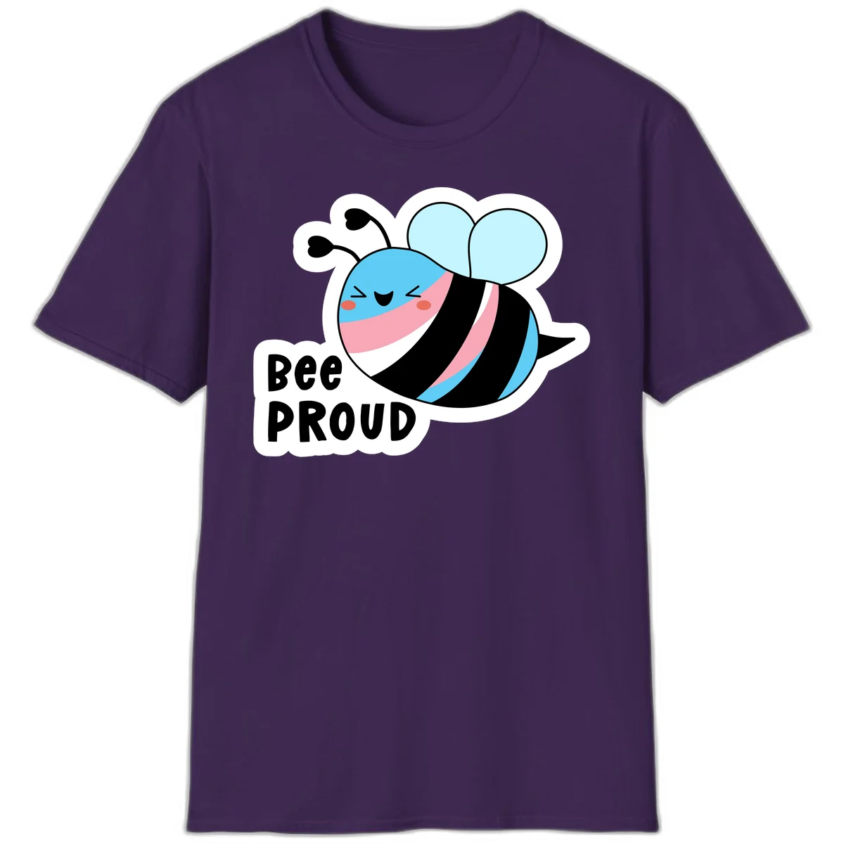 Smiling cartoon bee with blue head, pink mouth, striped body, and light blue wings next to 'Bee Proud' text in Purple