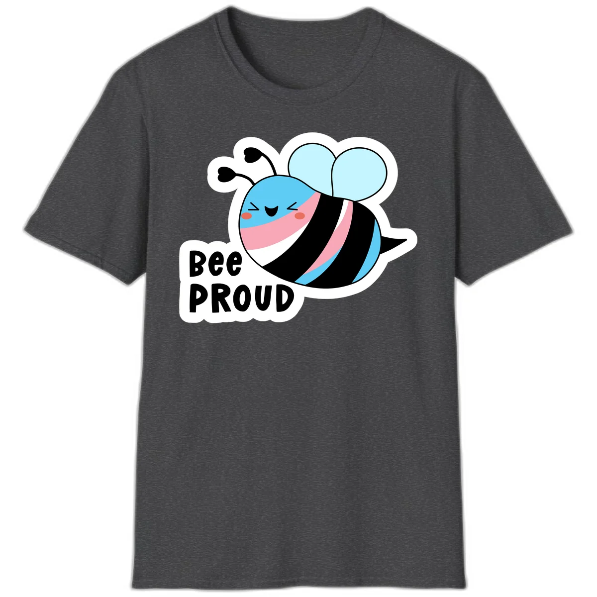 Smiling cartoon bee with blue head, pink mouth, striped body, and light blue wings next to 'Bee Proud' text in Dark Heather