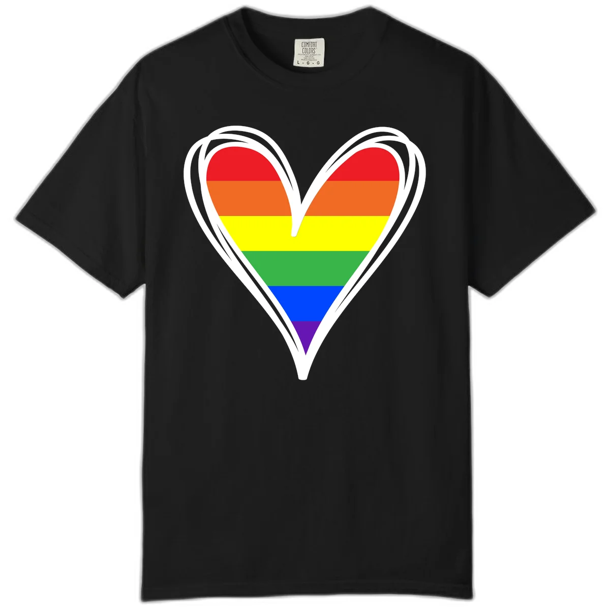 Rainbow heart pride design with horizontal stripes in red, orange, yellow, green, blue, and purple colors outlined in white in Black
