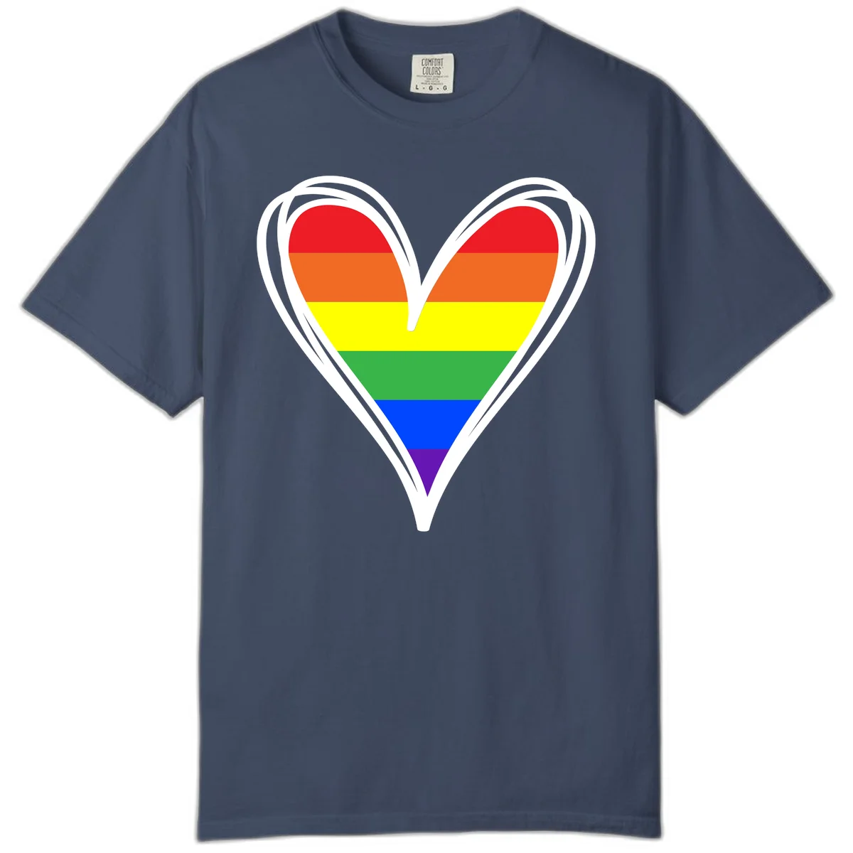 Rainbow heart pride design with horizontal stripes in red, orange, yellow, green, blue, and purple colors outlined in white in Midnight