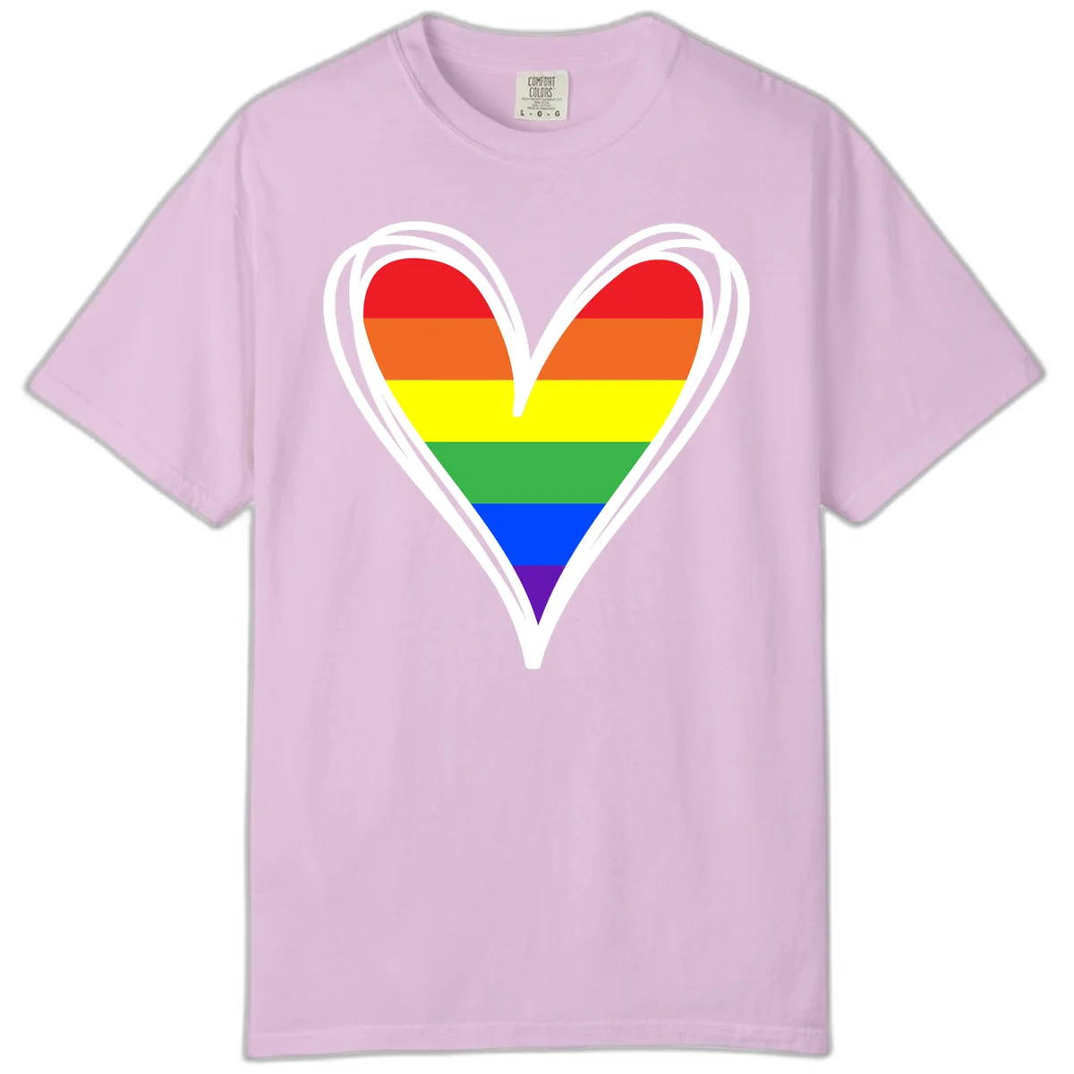 Rainbow heart pride design with horizontal stripes in red, orange, yellow, green, blue, and purple colors outlined in white in Orchid