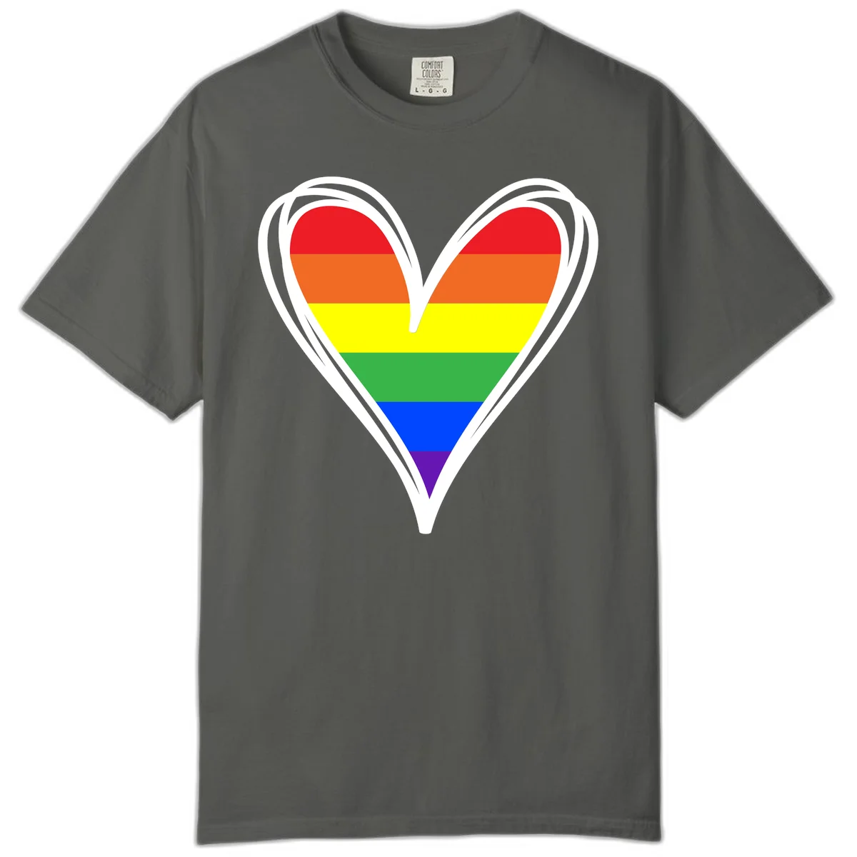 Rainbow heart pride design with horizontal stripes in red, orange, yellow, green, blue, and purple colors outlined in white in Pepper