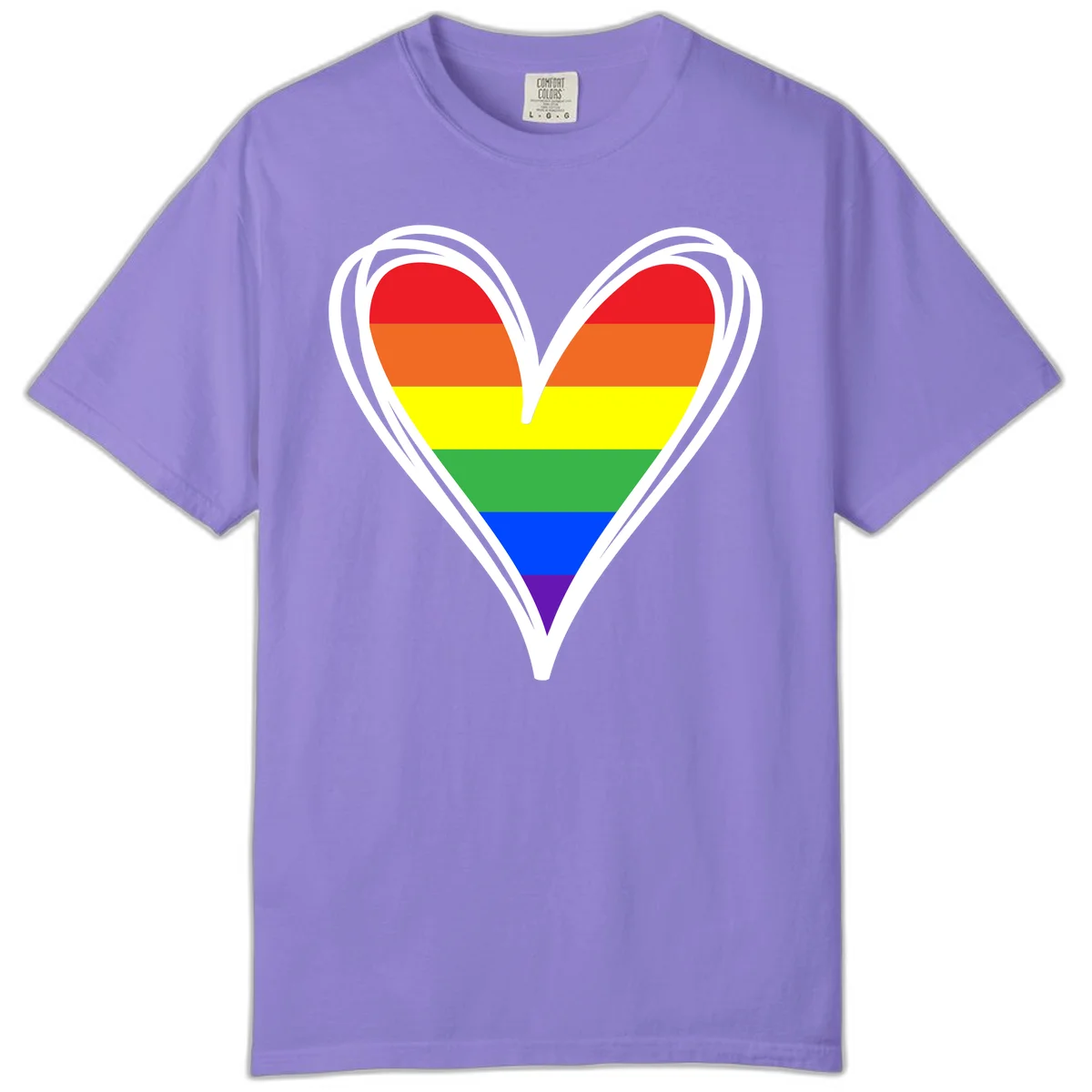 Rainbow heart pride design with horizontal stripes in red, orange, yellow, green, blue, and purple colors outlined in white in Violet