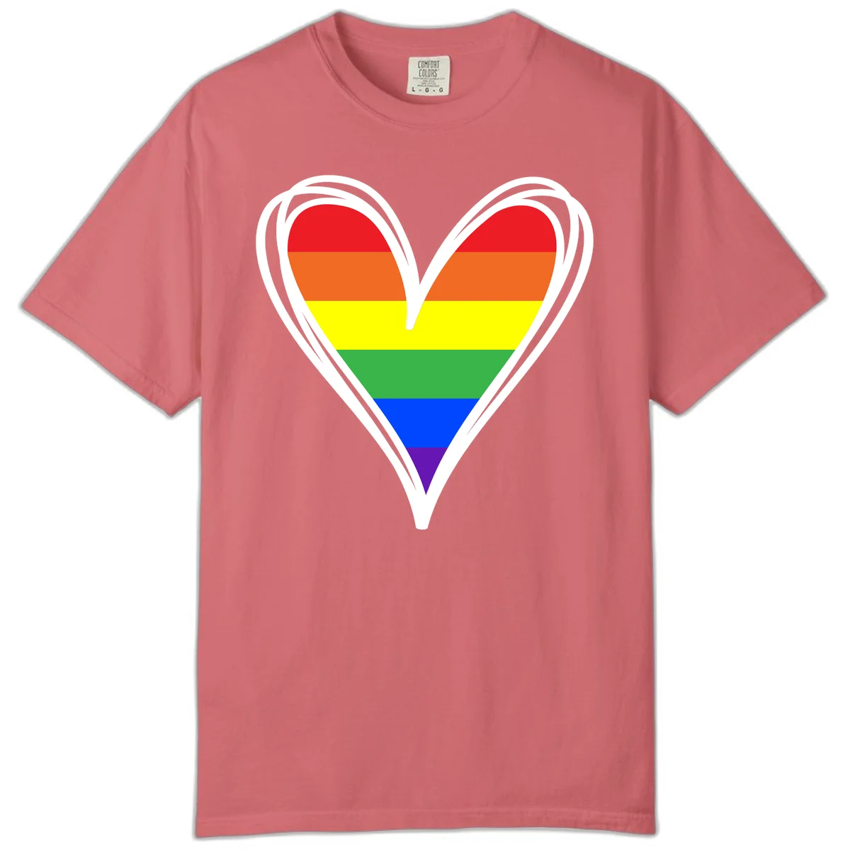 Rainbow heart pride design with horizontal stripes in red, orange, yellow, green, blue, and purple colors outlined in white in Watermelon