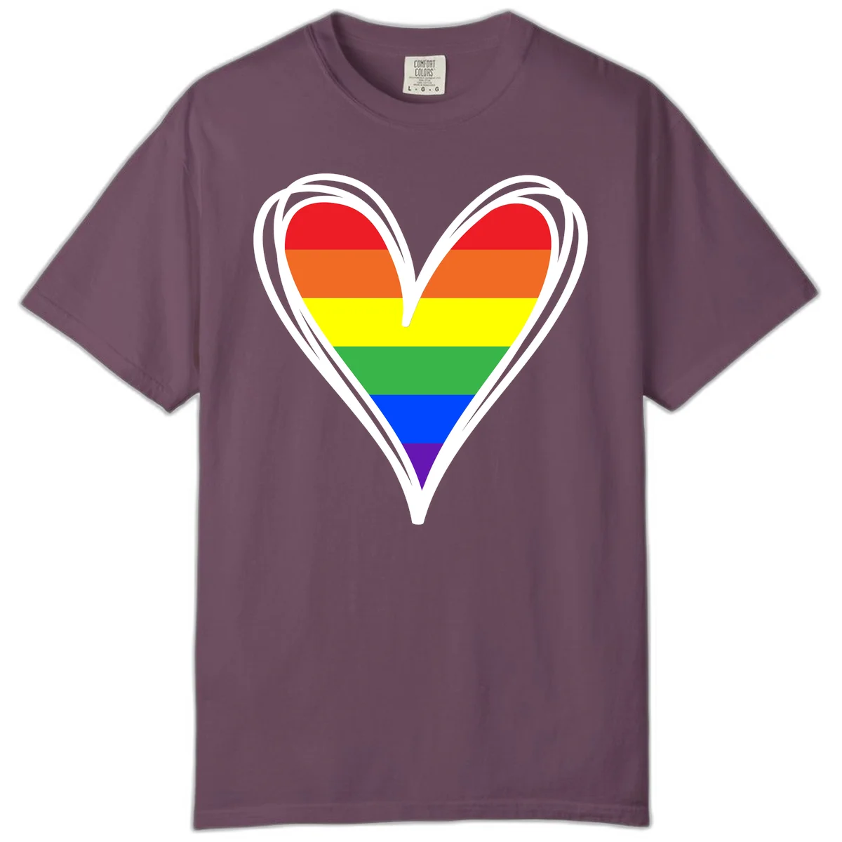 Rainbow heart pride design with horizontal stripes in red, orange, yellow, green, blue, and purple colors outlined in white in Berry
