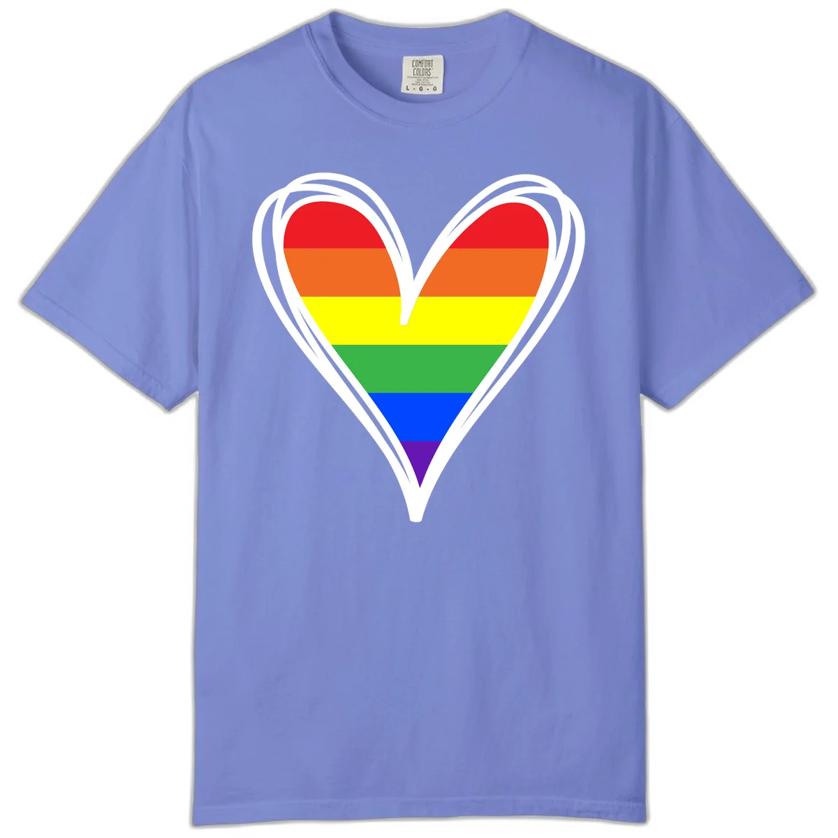 Rainbow heart pride design with horizontal stripes in red, orange, yellow, green, blue, and purple colors outlined in white in Flo Blue
