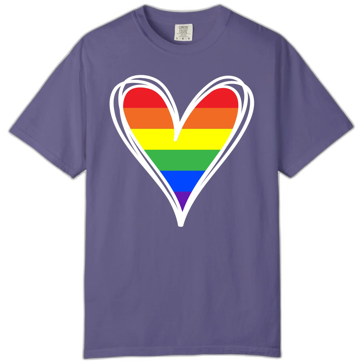 Rainbow heart pride design with horizontal stripes in red, orange, yellow, green, blue, and purple colors outlined in white in Grape