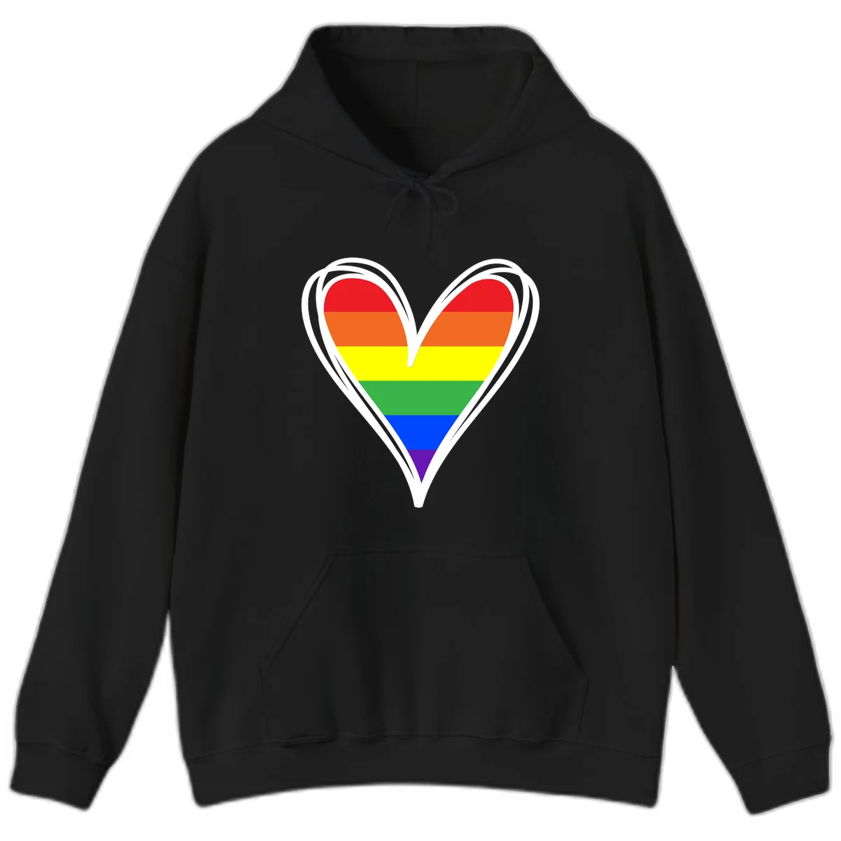 Rainbow heart pride design with horizontal stripes in red, orange, yellow, green, blue, and purple colors outlined in white in Black